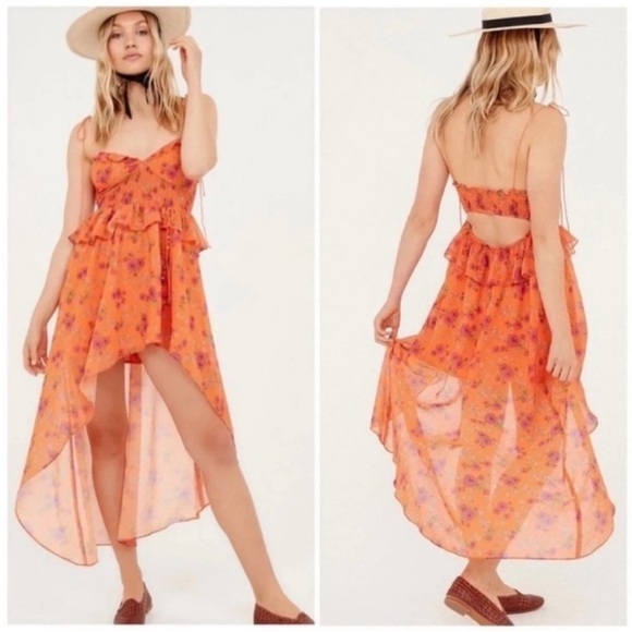 NWT For Love & Lemons Peony Asymmetric High-Low Floral Orange Maxi Dress Small - Picture 16 of 16